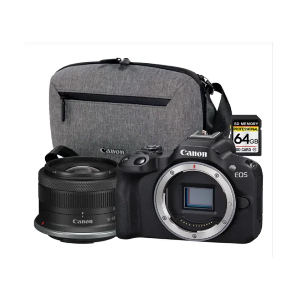Canon EOS R50 Travel Kit (Black) (RF-S 18-45mm + CB-TS100 Shoulder Bag+64GB SD)