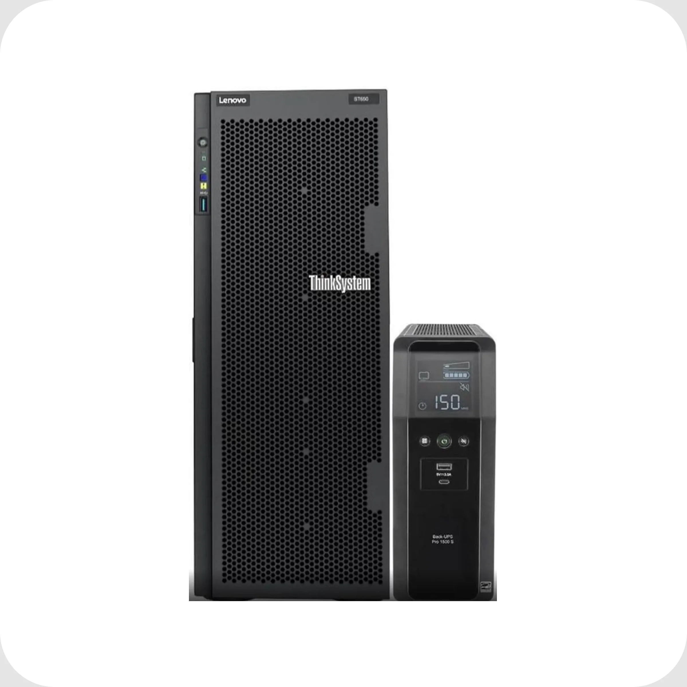 JK Lenovo ThinkSystem ST650 Tower Server Bundle with UPS Battery Backup, 2 x Intel Xeon Silver 4309Y, 128GB DDR4, 2TB SSD, 24TB HDD, RAID, Matrox G200 Graphics - Image 1