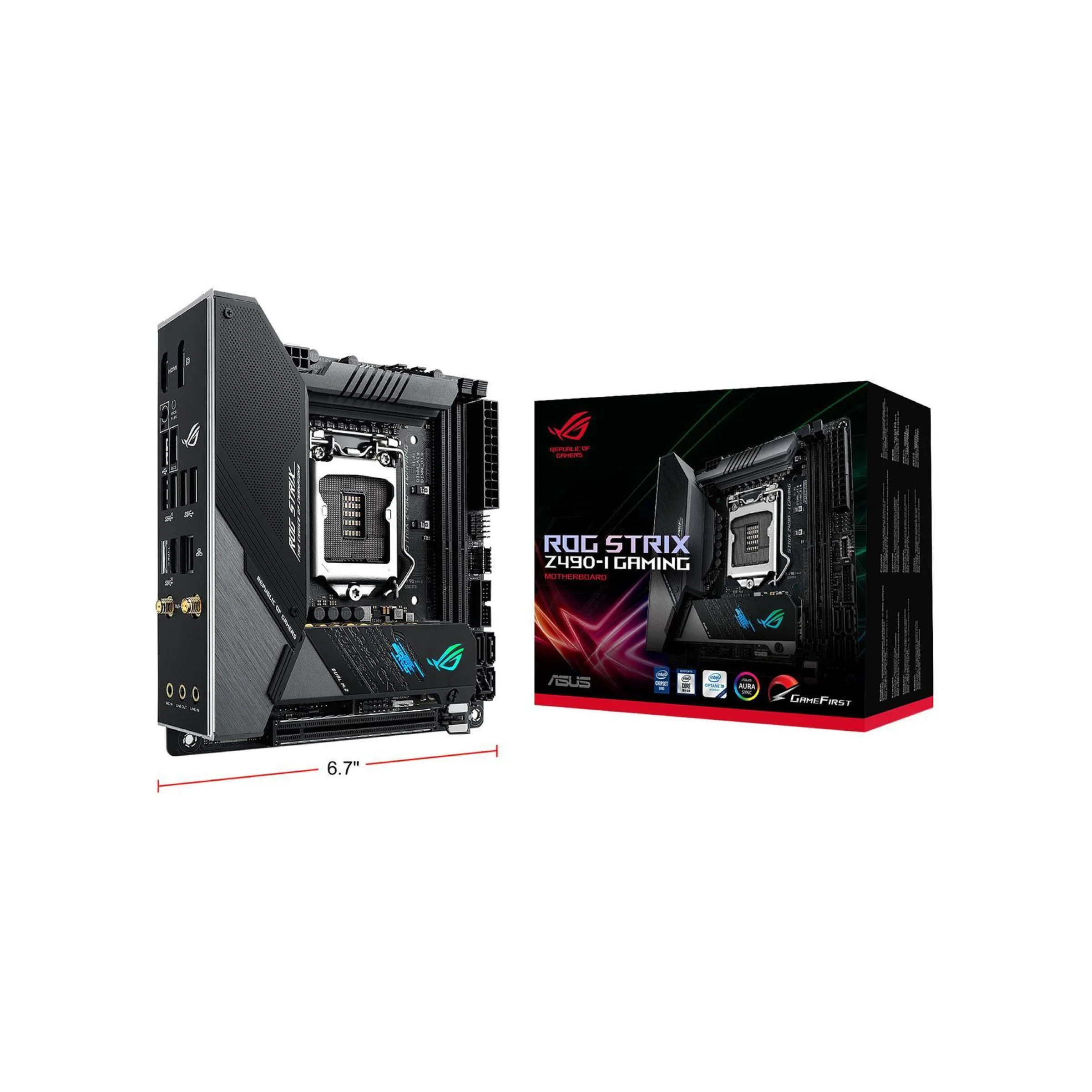 1 ASUS ROG Strix Z490-I Gaming Mini-ITX Motherboard, LGA1200, WiFi 6, DDR4 4800, 2.5Gb LAN, USB-C, HDMI 2.0a, Aura Sync - Image 1